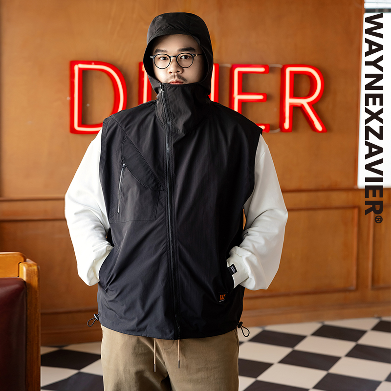 韦恩泽维尔休闲斜门襟连帽马甲