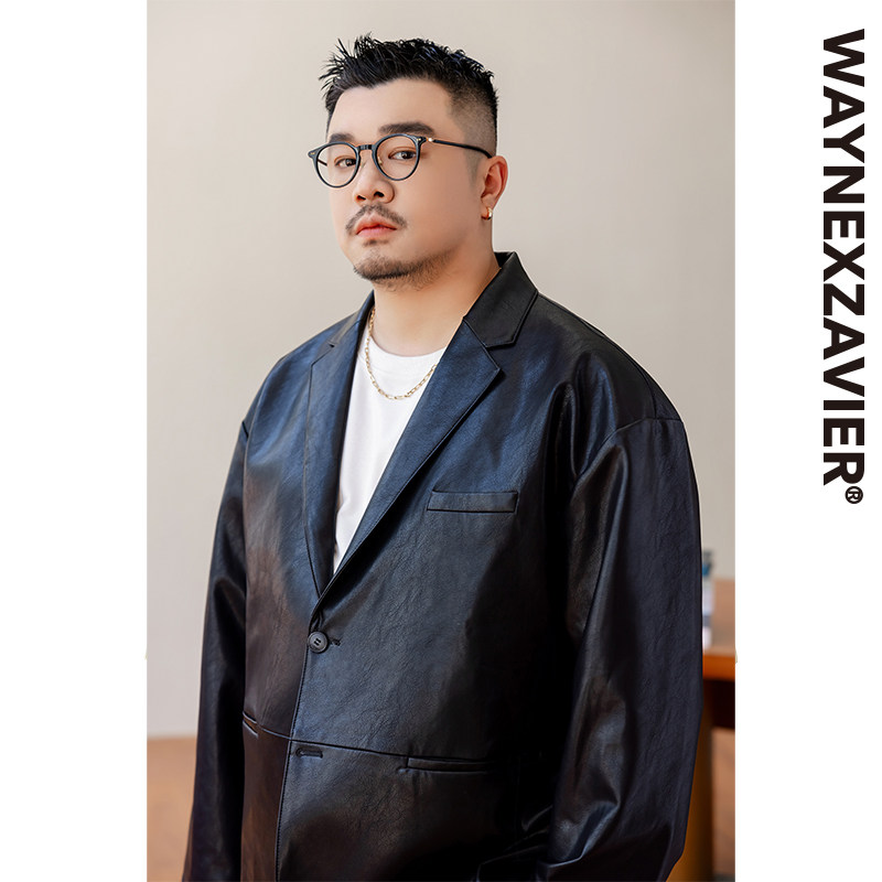 韦恩泽维尔加肥加大宽松大码男秋冬平驳领PU皮休闲西服西装9240