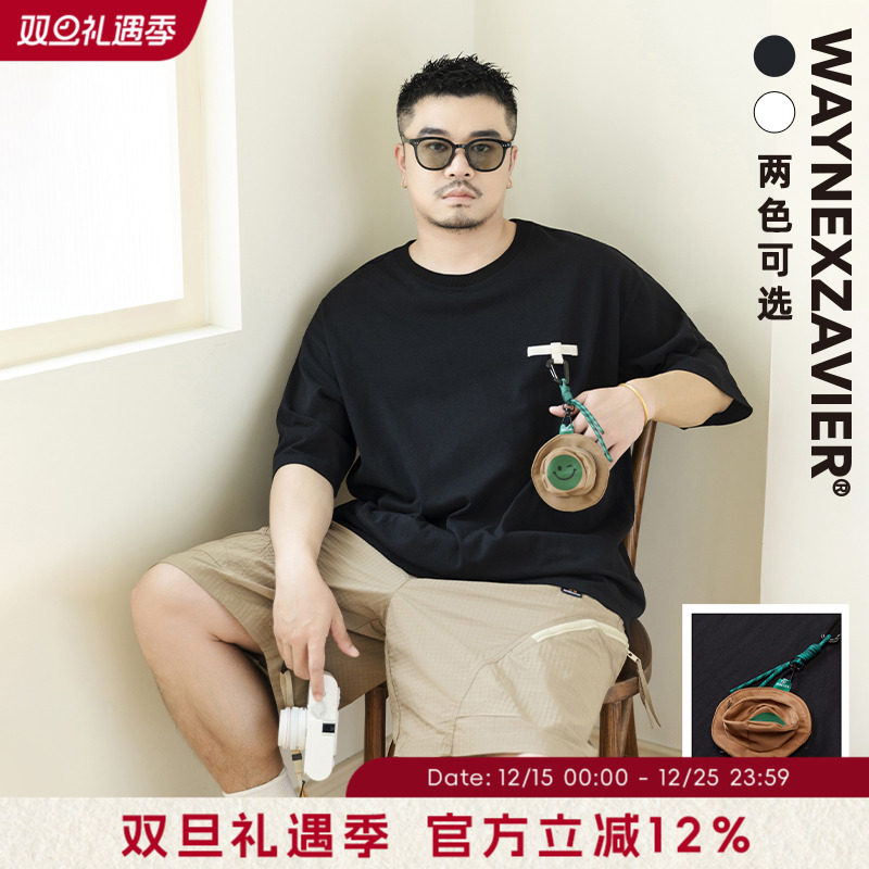 韦恩泽维尔大码黑色纯棉半袖t恤男宽松潮胖子日系休闲五分袖8766