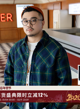 韦恩泽维尔加肥加大宽松大码冬男加绒翻领休闲格子长袖衬衫9323