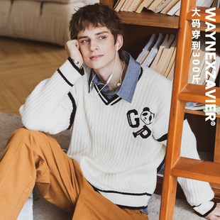 宽松V领毛衣7995 男加肥加大秋季 韦恩泽维尔潮牌大码 学院风针织衫