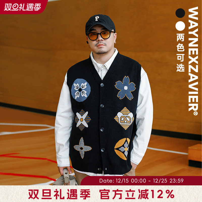 韦恩泽维尔大码针织马甲宽松加肥加大民族风图案v领毛衣开衫8895