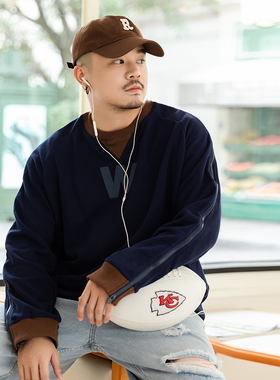 韦恩泽维尔大码假两件卫衣男春秋季加肥加大宽松拼接百搭潮牌7832