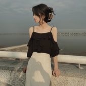 雪纺衫 2026吊带锁骨一字肩上衣女夏季 荷叶边气质短袖 显瘦法式 短款