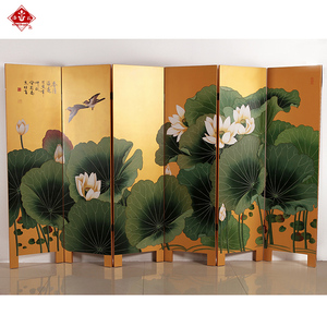 扬州漆器厂漆花彩绘金底印日荷花新中式装饰折屏家用商用
