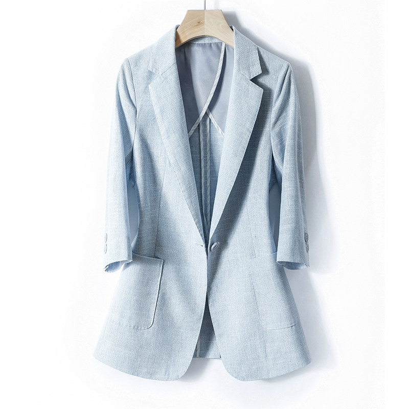 夏秋新款棉麻薄短款小西装外套女蓝色短袖一粒扣气质修身亚麻西服