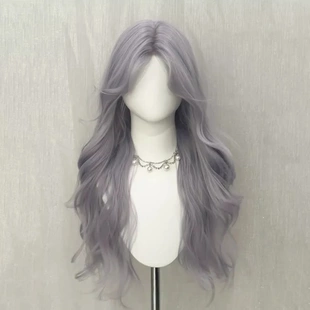 前额蕾丝雾感紫灰色长卷发全头套中分蓬松大波浪日常整顶仿真发套