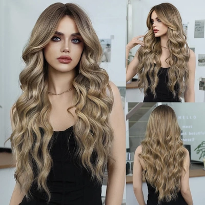 Synthetic Hair Ombre Blonde Wigs Long Wavy Middle Part Wig