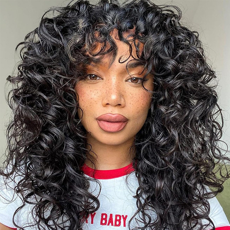 亚马逊新品假发欧美女士时尚化纤头套黑色带刘海短卷发curly