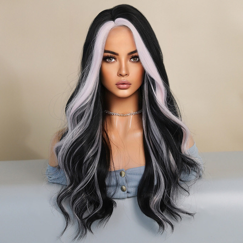 欧美新款假发女长卷发挑染中分整顶假发黑人套头假发化纤仿真头发