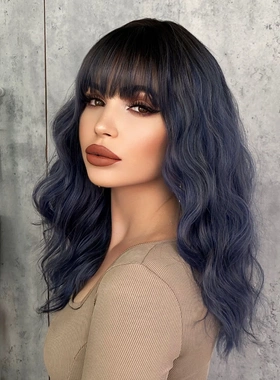 跨境日韩假发女雾霾蓝色波浪卷中长卷发高温丝假发套Blue Wigs