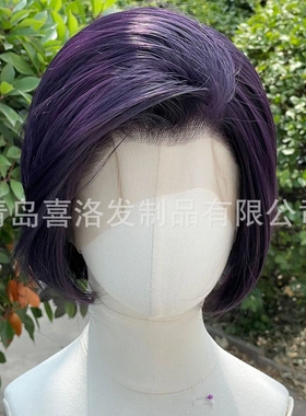 时尚欧美头套cos濑尾静音13x4前蕾丝假发黑紫色自由分缝高温丝
