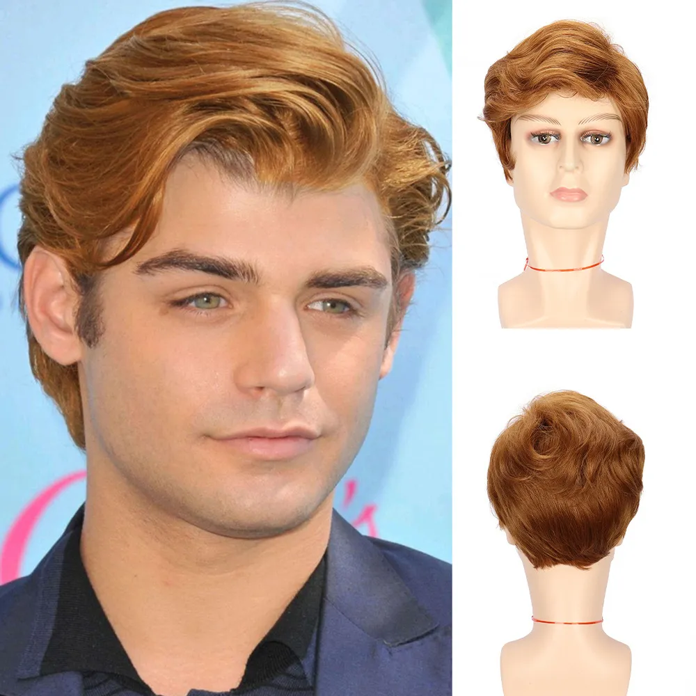 跨境欧美热销男士机制假发头套金黄色短卷发化纤头套假发wigs