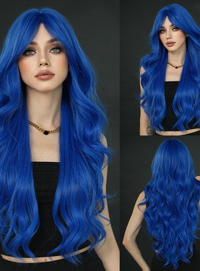 网红深蓝色假发长卷发亚比亚文化长发公主Y2K风格女生假发全头套