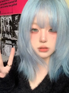 蓝色短发假发修脸女全头套亚文化lolita波波头y2k万用cos彩直发