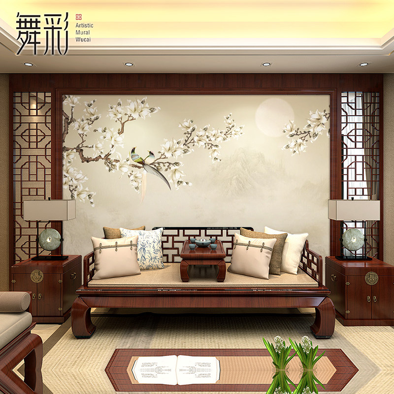 壁纸新中式电视背景墙简约客厅沙发无纺布墙纸3d墙布壁画玉兰花鸟_虎窝淘