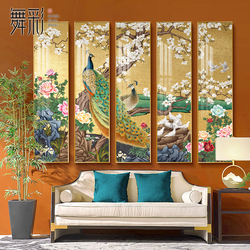 新中式酒店大堂金箔挂画餐厅包房走廊五联装饰画孔雀玉兰花鸟壁画图片