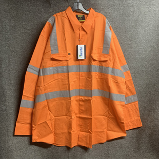 出口澳洲Bisley纯棉反光橘色特大码衬衣UPF50+防晒矿工工作服透气