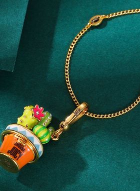 秋冬时尚珐琅可打开仙人掌花盆吊坠项链女小众百搭毛衣链配饰品
