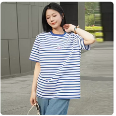 哥家专柜同款2026年夏圆领宽松百搭兔子烫钻条纹短袖T恤女1300901