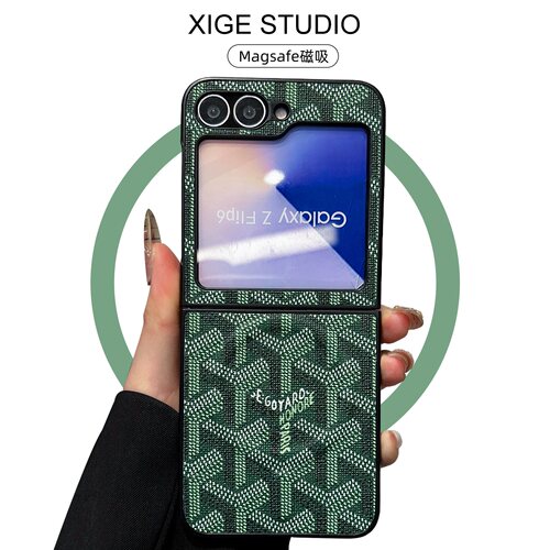 Magsafe磁吸适用于三星Flip6手机壳新款高级感Flip5韩国Flip4折叠屏Flip7轻奢防摔Flip8保护套皮质狗牙纹绿色