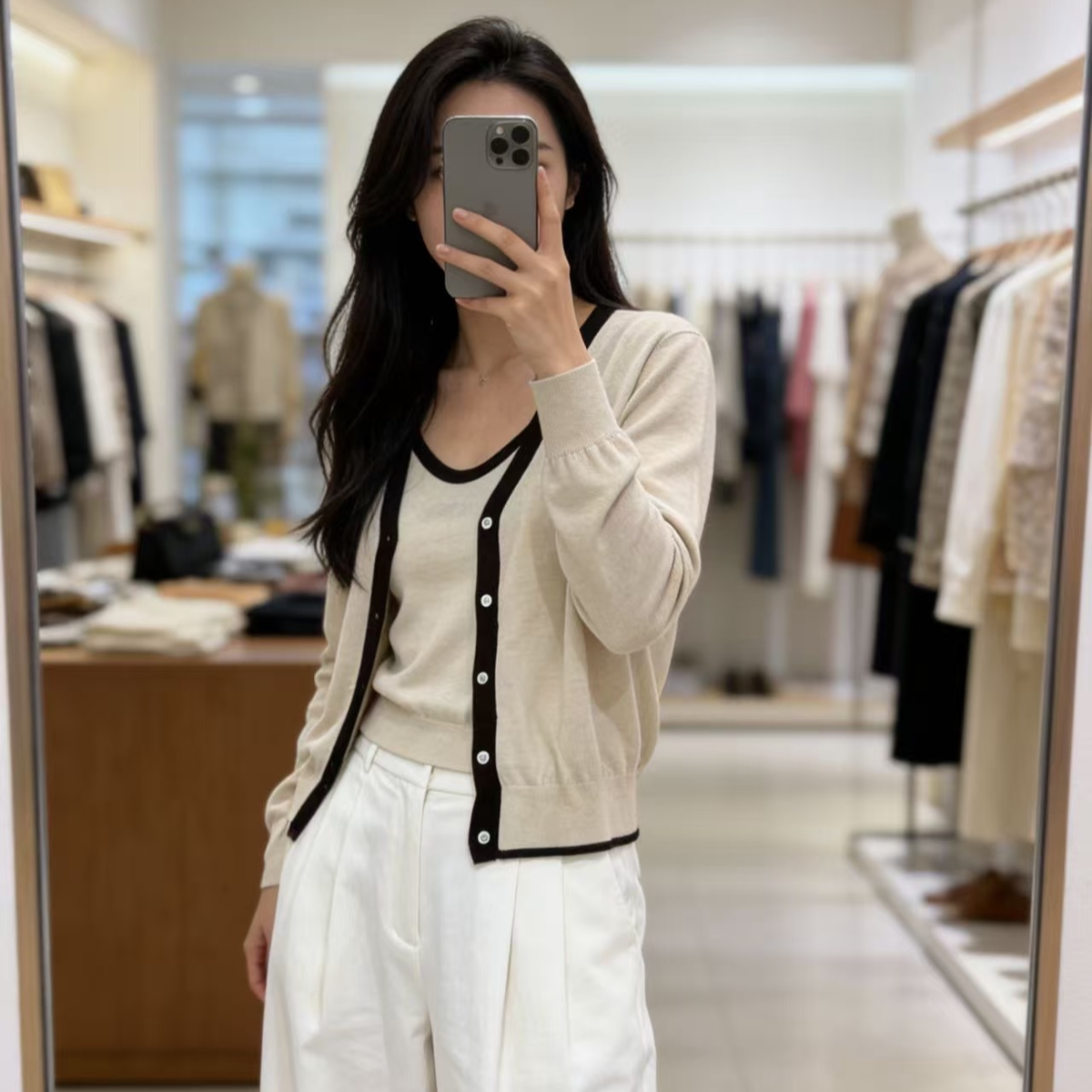 欧洲站早春新款细羊毛针织衫吊带两件套女撞色薄款开衫外套L3740