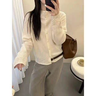LP107825 100%羊毛镂空欧货钩花气质宽松百搭羊毛针织开衫