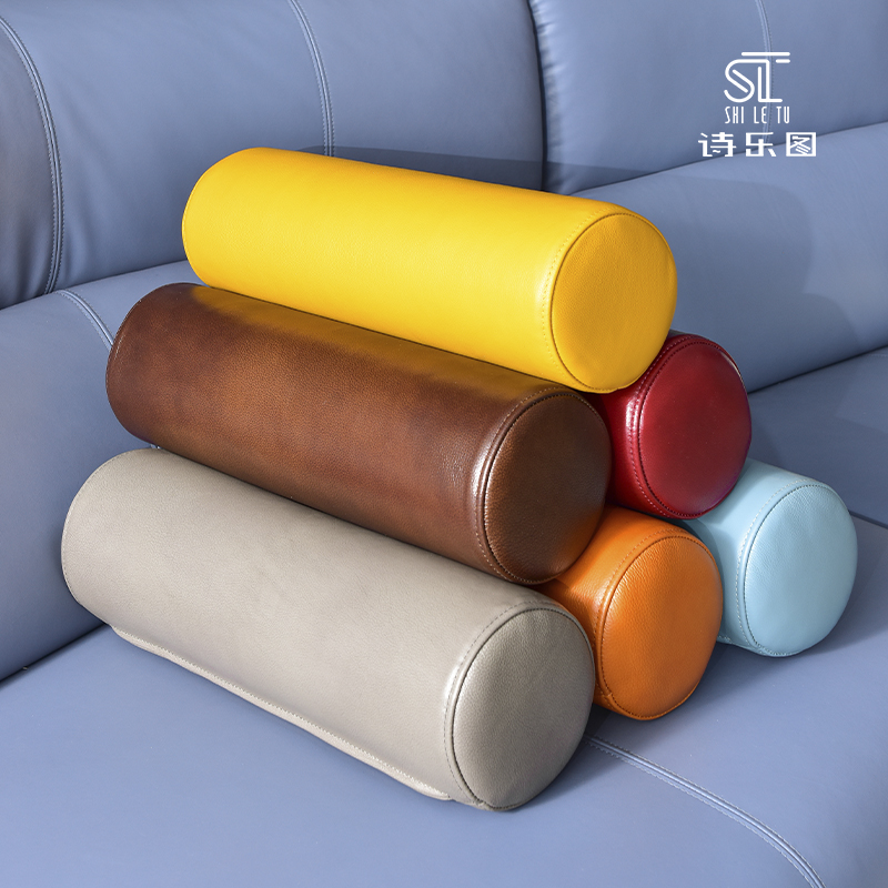 全真皮圆形手枕沙发扶手垫头层牛皮抱枕沙发靠头糖果枕头床头靠垫