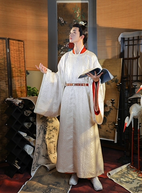 汉服出租君陈宋制圆领袍公子白色浅金暗花缎男装汉服-元晏