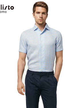 CALLISTO卡利斯特时尚青年亚麻格纹方领商务休闲衬衫男SNCSS026BL