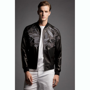 callisto卡利斯特青年提花刺绣羊皮革皮衣时尚休闲皮夹克外套