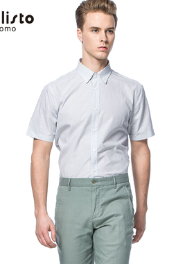 CALLISTO卡利斯特时尚格纹薄款修身短袖纯棉衬衫男士SJSTS016BL