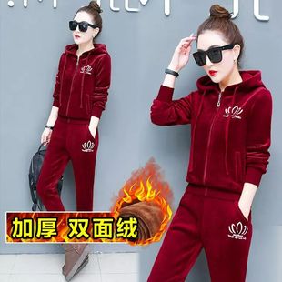 加绒加厚连帽韩版潮休闲两件套秋冬装金丝绒运动套装女刺绣