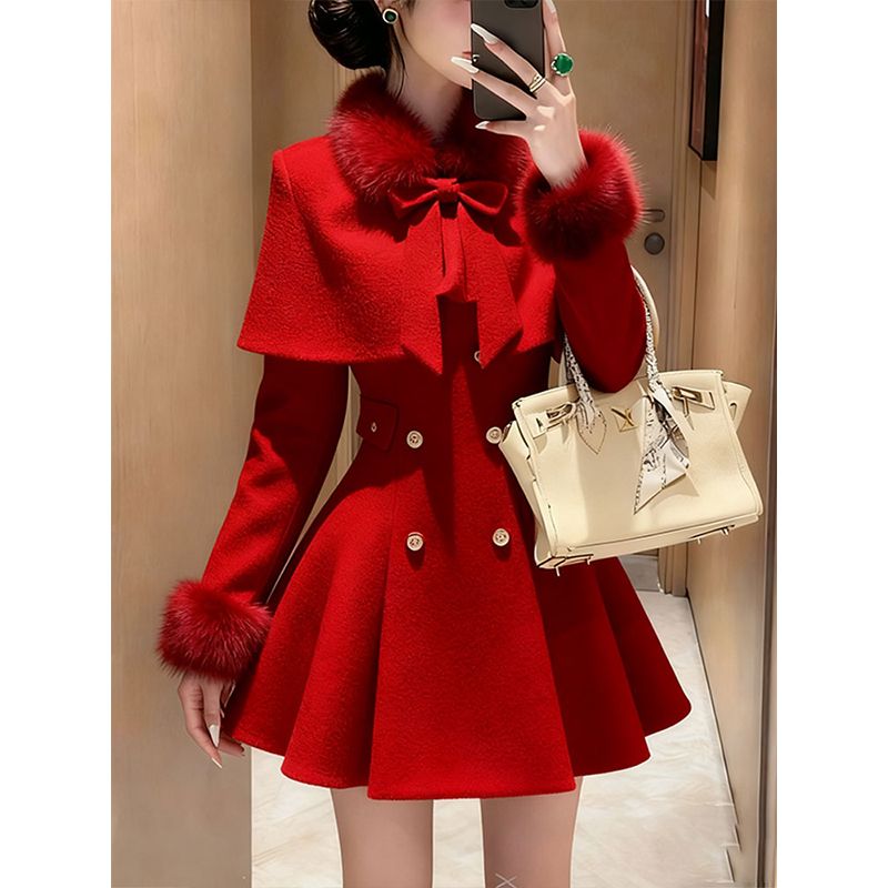 小香风高级加厚披肩斗篷外套女冬季新款气质收腰显瘦连衣裙两件套