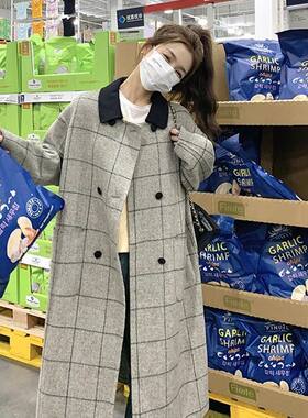 黑白格设计感新款时尚毛呢大衣中长款复古西装格子赫本风呢子外套