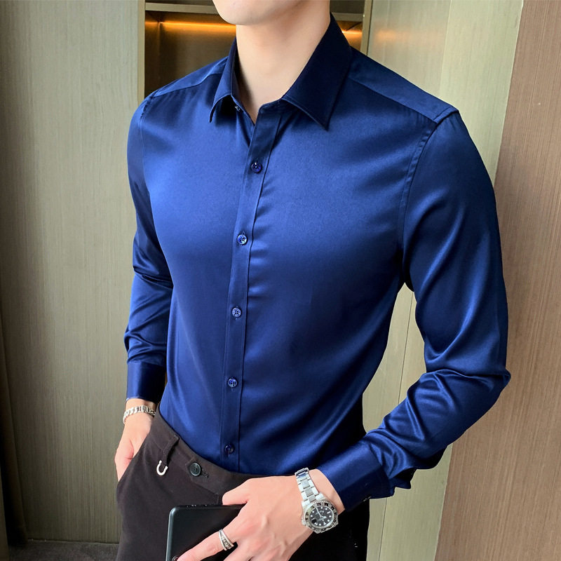 男士长袖衬衫冰丝职业正装休闲抗皱免烫高端商务修身白色纯色衬衣