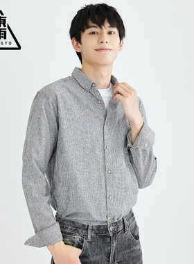 男装衬衣长袖春秋季条纹衬衫青年男式棉质日系方领休闲衬衣男上衣