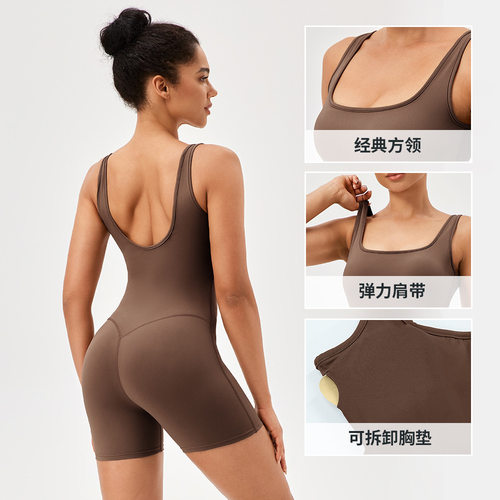瑜伽连体衣带胸垫女欧美裸感紧身提臀舞蹈健身裤跑步运动瑜伽服女