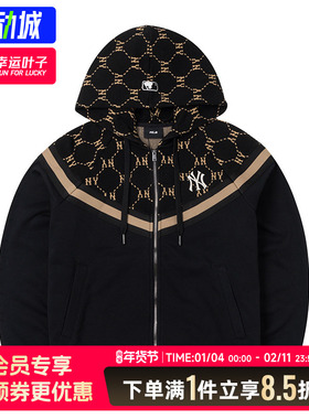 MLB官方黑色外套钻石老花拉链宽松连帽衫25冬季新款夹克3ATRM0144