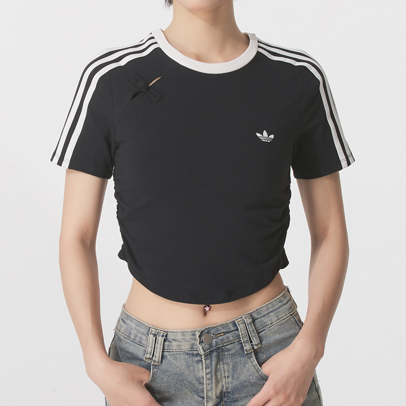 阿迪达斯三叶草修身圆领短袖女装黑色短款T恤运动服半袖透气上衣
