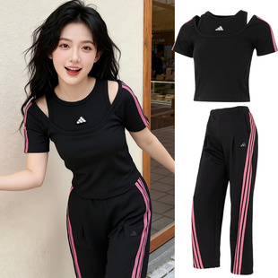 阿迪达斯运动套装女装2026春夏款休闲短袖T恤直筒条纹长裤两件套