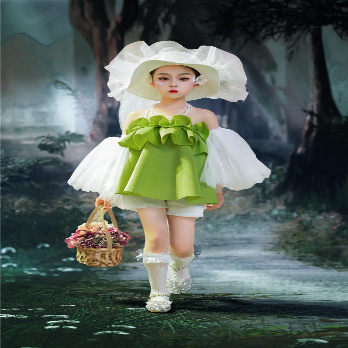 女童绿色套装田园风走秀礼服甜酷风中大童T台表演潮服夏天的颜色8