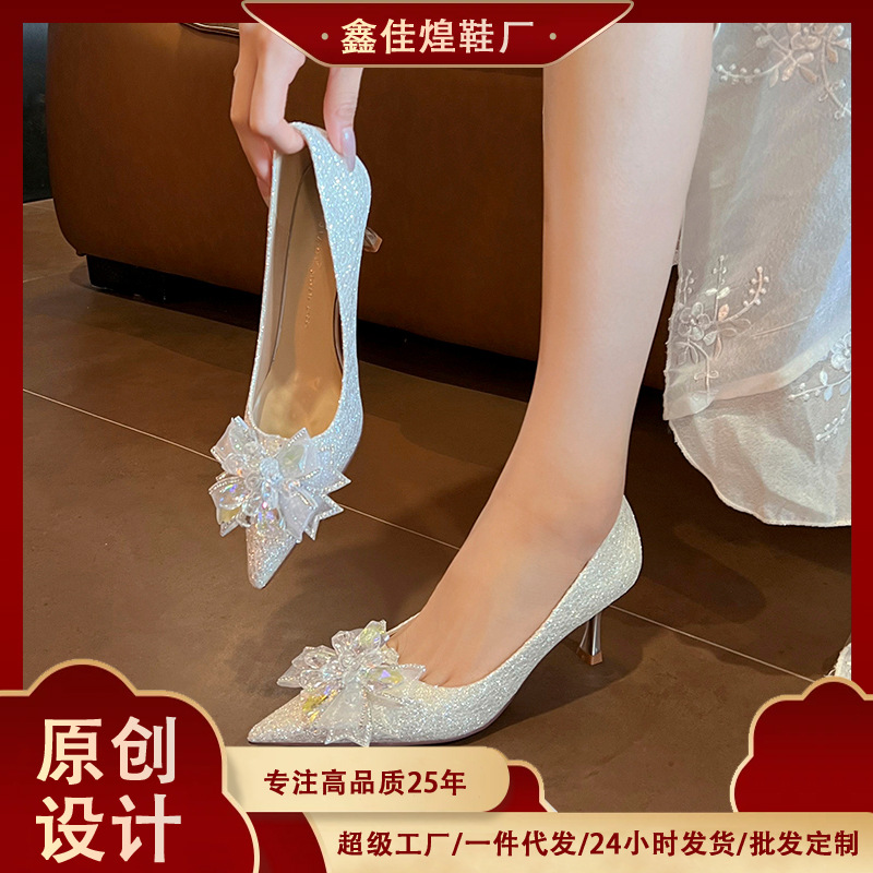 3356-26 女神仙女范~水晶蝴蝶结 高跟鞋女尖头细跟婚鞋伴娘宴会鞋
