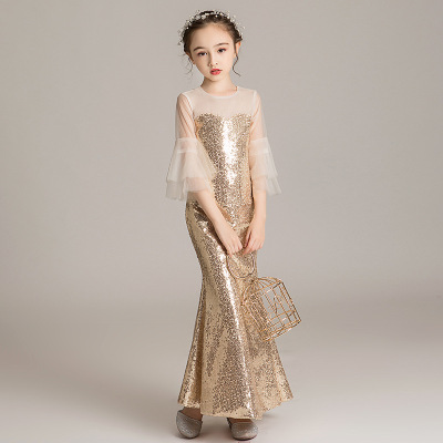 走秀礼服女2025春季新款鱼尾亮片女童模特走秀演出服主持人公主裙