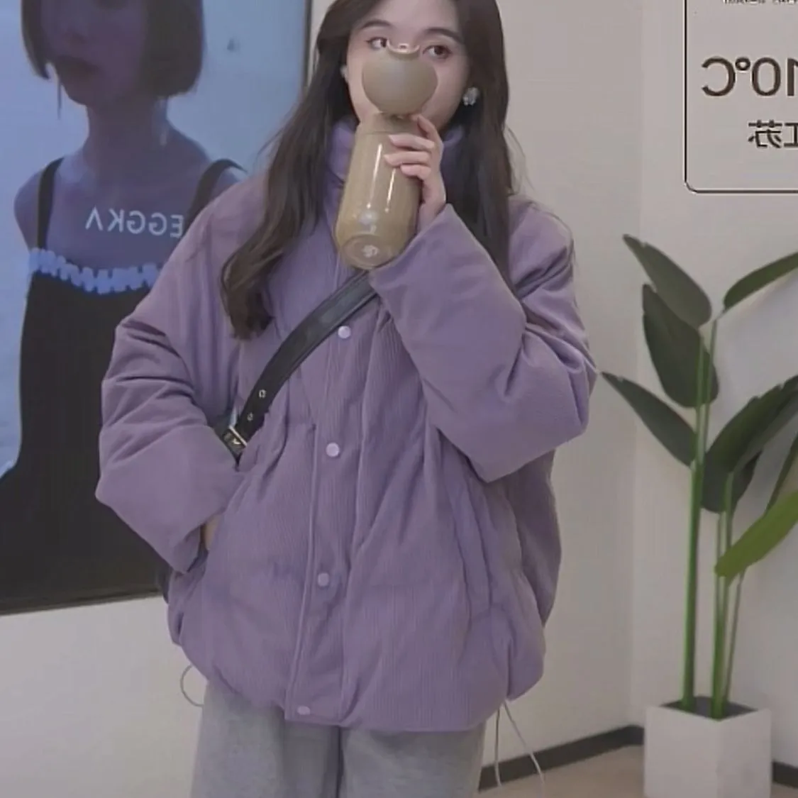 冬季紫色羽绒棉服女保暖加厚灯芯绒棉衣外套面包服立领棉袄