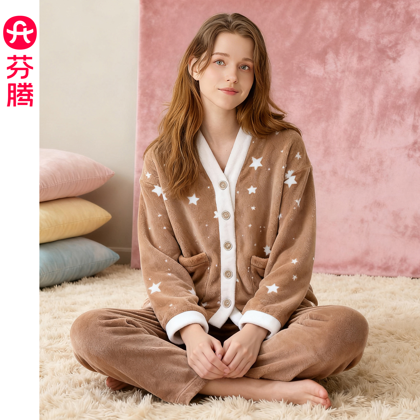 芬腾秋冬季珊瑚绒V领开衫睡衣女