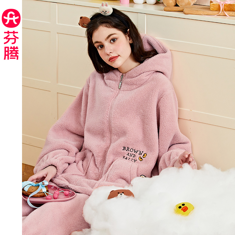 芬腾布朗熊珊瑚绒睡衣女秋冬加绒