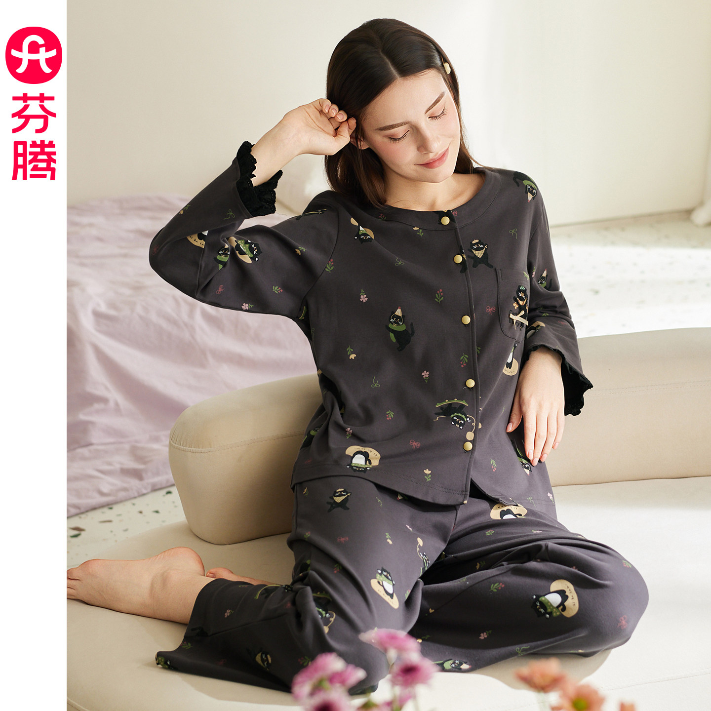 芬腾女士睡衣春秋季纯棉圆领开衫长袖套装卡通休闲宽松大码家居服