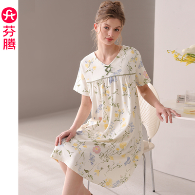 芬腾夏季女士纯棉短袖薄款睡裙