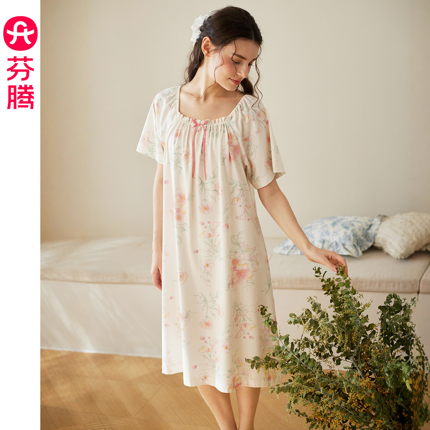 芬腾女士短袖睡裙纯棉甜美风夏季薄款休闲宽松全棉套头家居服中裙